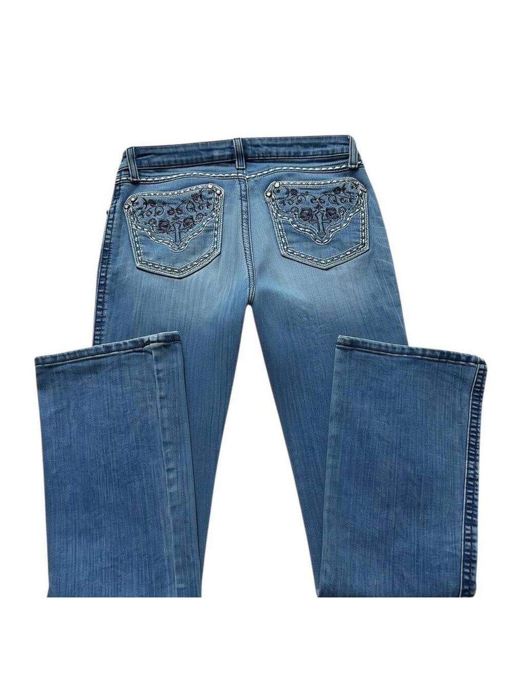 Y2K Embroidered Flare Jeans Size 28x32 Low Rise Grunge Denim